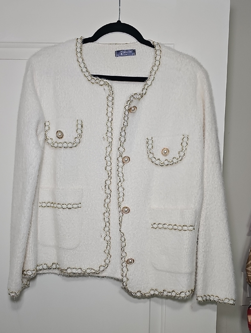 Cream Bouclé Chain-Trim Cardigan Jacket